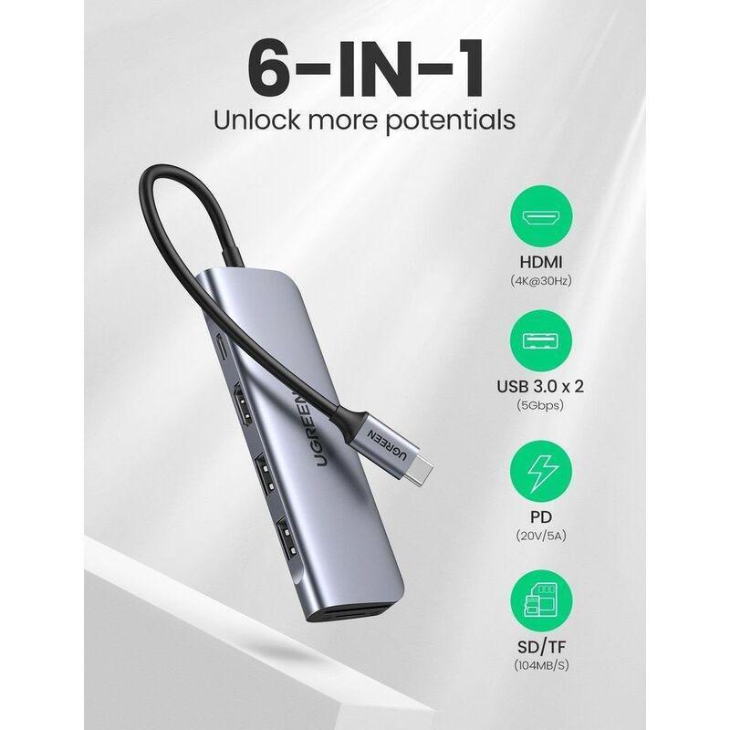 UGreen 6-In-1 USB-C Multifunction Hub with 4K HDMI (HDMI + SD + TF + 2 USB 3.0 + PD) - Grey, , large image number 6