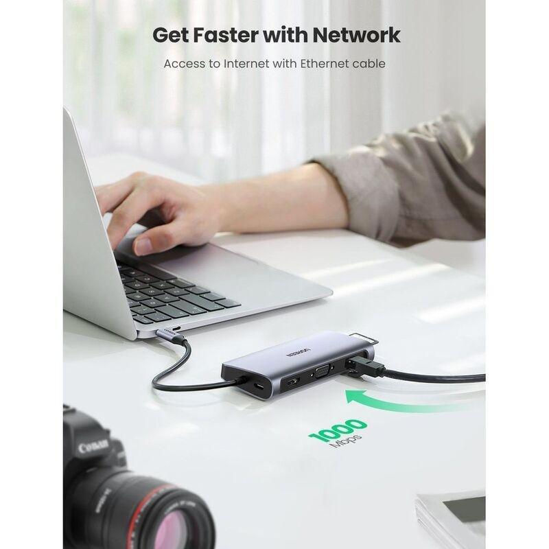 UGreen 10 In 1 USB-C Hub (3 x USB 3.0 + HDMI + VGA + TF/SD + RJ45 + 3.5mm Aux) with 5Gbps 4K PD Power Supply - Grey, , large image number 1