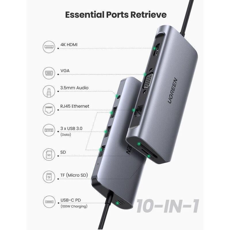 UGreen 10 In 1 USB-C Hub (3 x USB 3.0 + HDMI + VGA + TF/SD + RJ45 + 3.5mm Aux) with 5Gbps 4K PD Power Supply - Grey, , large image number 2
