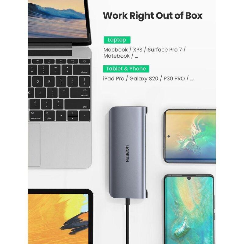 UGreen 10 In 1 USB-C Hub (3 x USB 3.0 + HDMI + VGA + TF/SD + RJ45 + 3.5mm Aux) with 5Gbps 4K PD Power Supply - Grey, , large image number 5