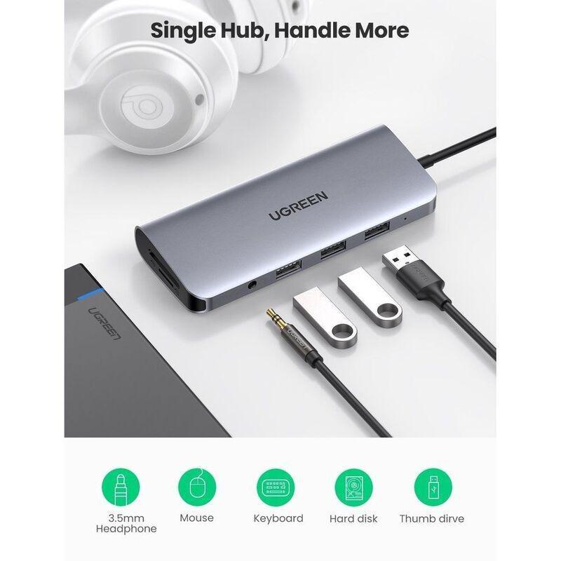 UGreen 10 In 1 USB-C Hub (3 x USB 3.0 + HDMI + VGA + TF/SD + RJ45 + 3.5mm Aux) with 5Gbps 4K PD Power Supply - Grey, , large image number 6
