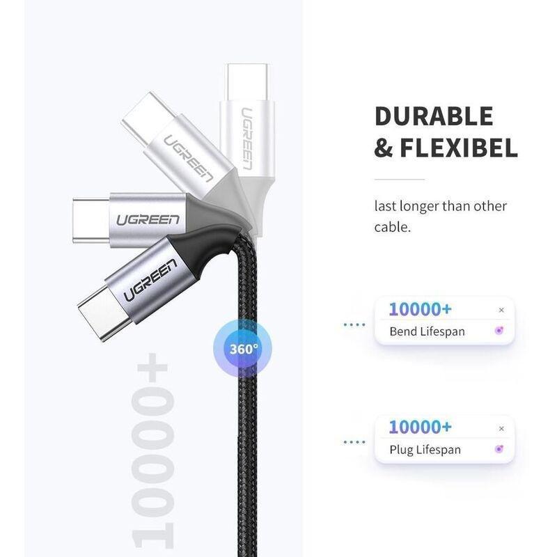 UGreen USB-C to USB-C Cable Nylon Braided 3A PD 60W Fast Charging 2M - Black, , large image number 1