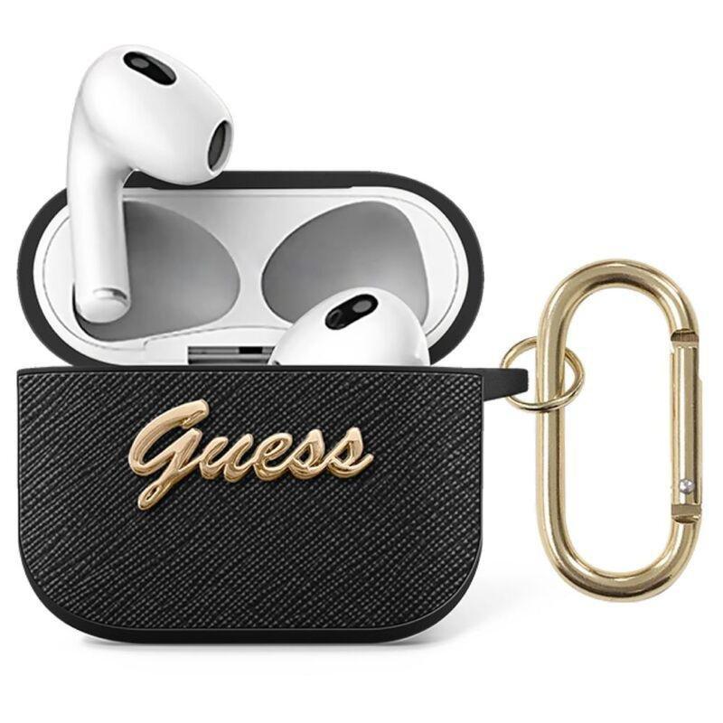 Guess PU Saffiano Case with Script Metal Logo for AirPods 3 - Black, , large image number 0