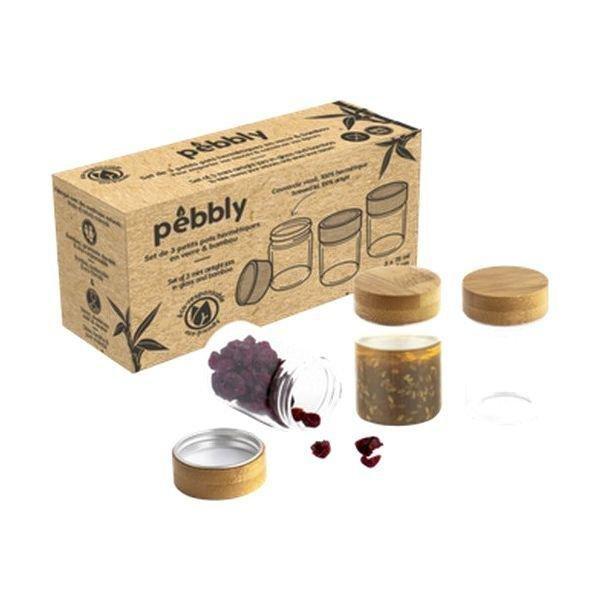 Pebbly Round Spice Jars with Bamboo Lids, Set of 3, 1 set