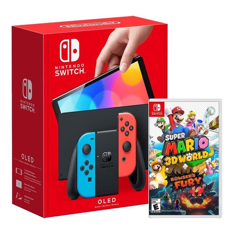 Nintendo Switch OLED Neon Joy-Con + Super Mario 3D World/Bowser's Fury, , large image number 0