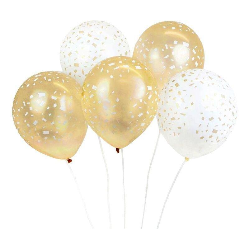 TALKING TABLES - Talking Tables Latex Balloons Printed With Confetti Design 30Cm (Pack Of 5) - White & Gold