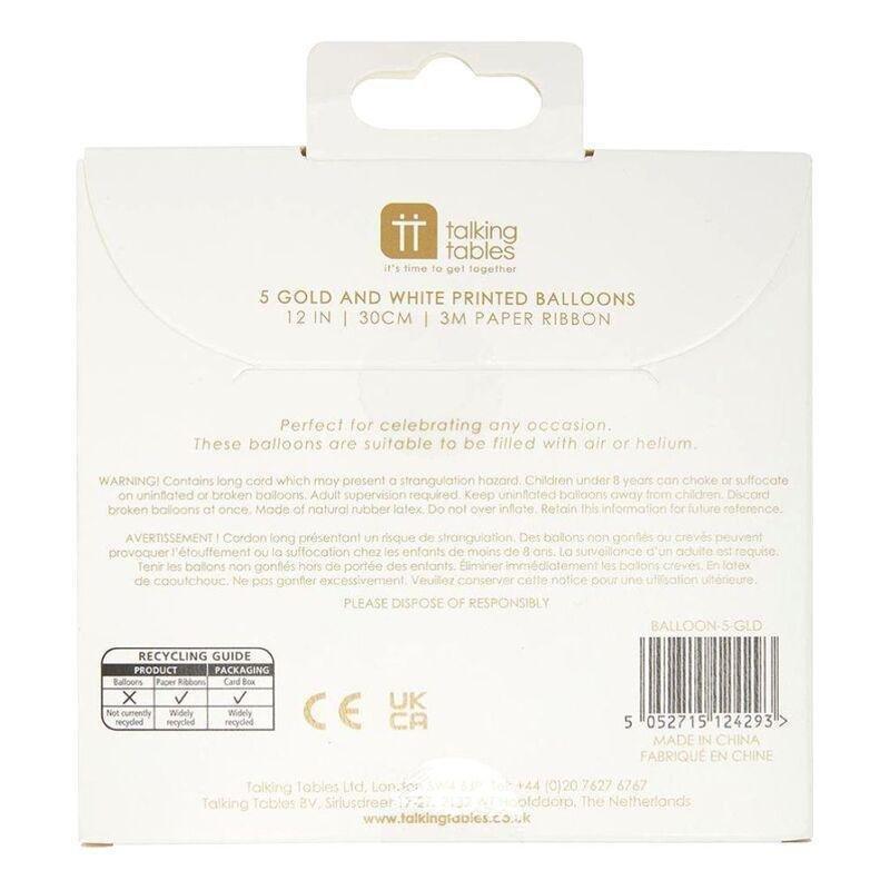 Talking Tables Latex Balloons Printed With Confetti Design 30Cm (Pack Of 5) - White & Gold, , large image number 1
