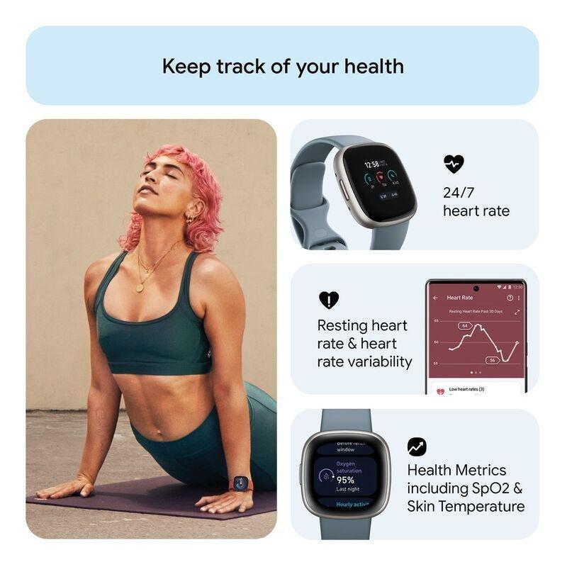 Fitbit Versa 4 Fitness Smartwatch - Waterfall Blue / Platinum Aluminum, , large image number 5