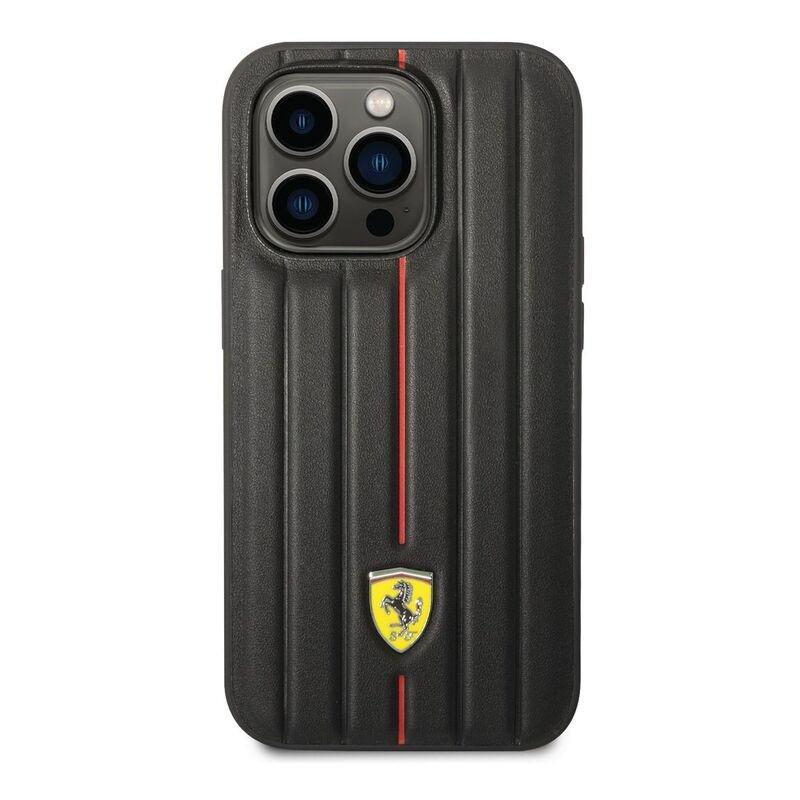 Ferrari Leather Case Embossed Stripes with Yellow Shield Logo iPhone 14 Pro - Black, , large image number 0