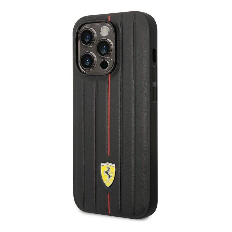 Ferrari Leather Case Embossed Stripes with Yellow Shield Logo iPhone 14 Pro - Black, , large image number 1