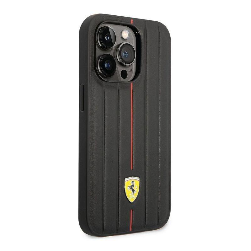 Ferrari Leather Case Embossed Stripes with Yellow Shield Logo iPhone 14 Pro - Black, , large image number 2