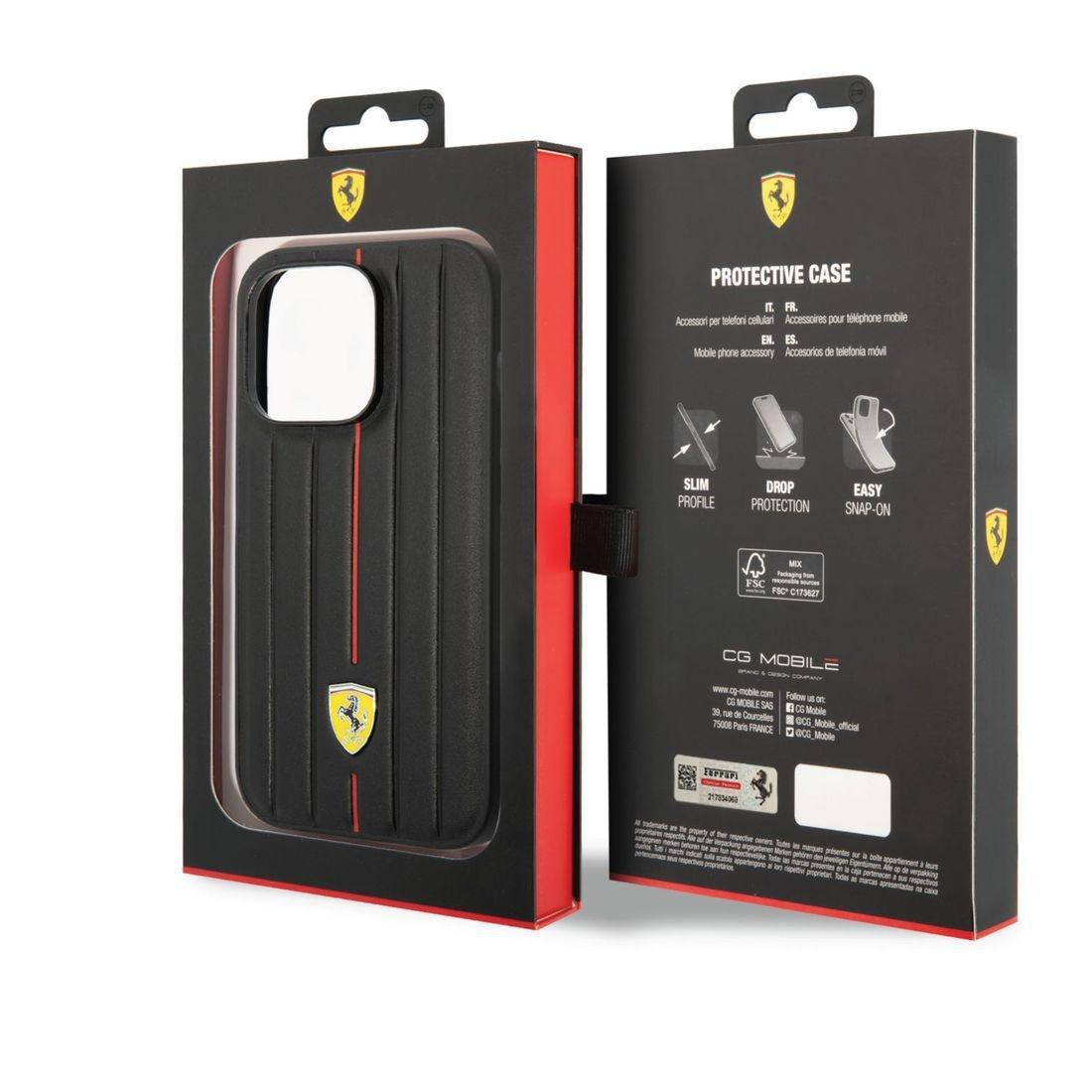 Ferrari Leather Case Embossed Stripes with Yellow Shield Logo iPhone 14 Pro - Black, , large image number 6