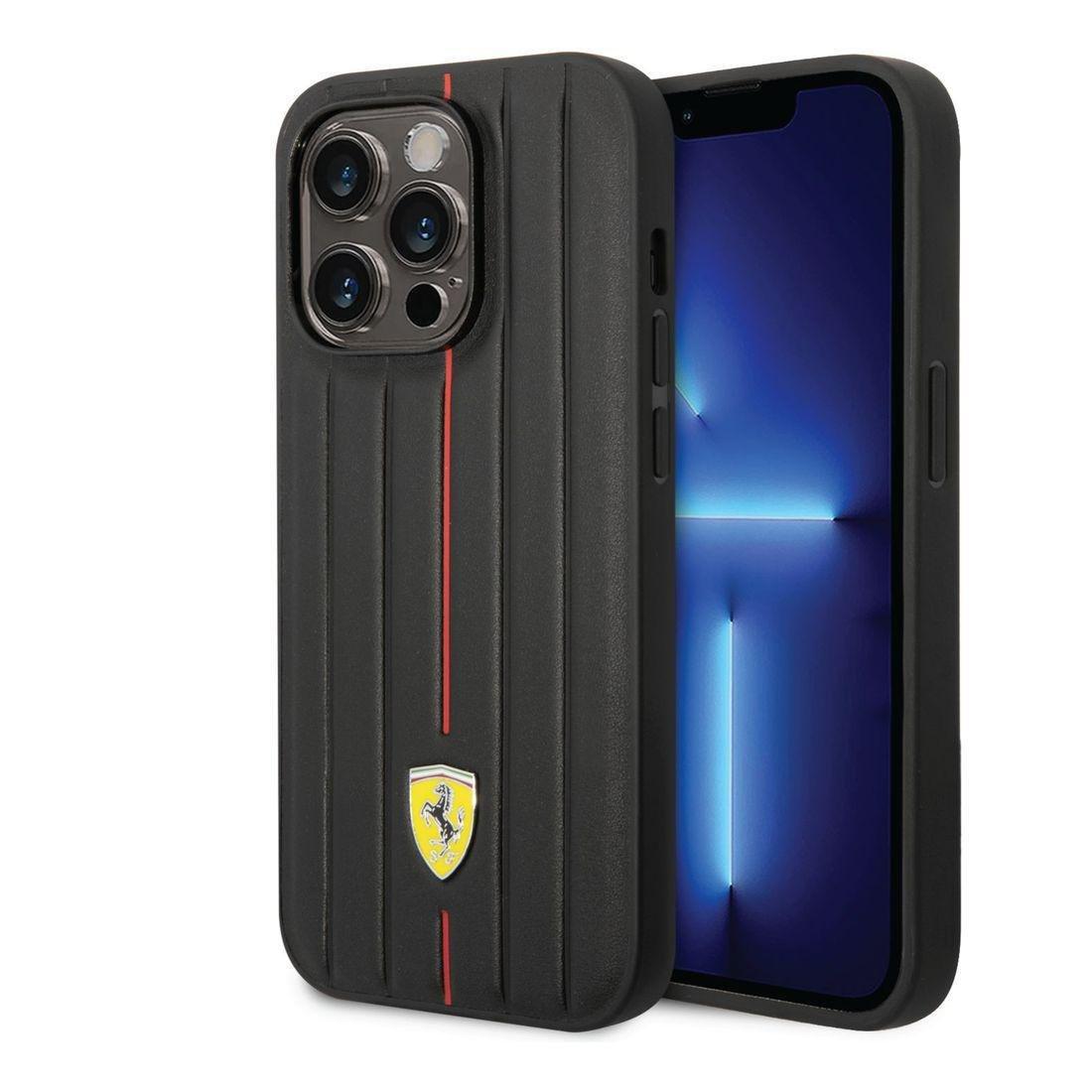 Ferrari Leather Case Embossed Stripes with Yellow Shield Logo iPhone 14 Pro - Black, , large image number 7