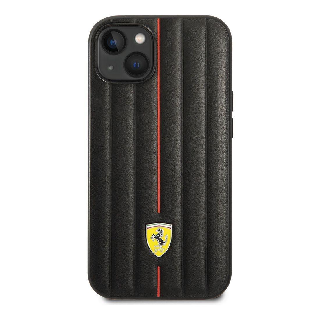 Ferrari Leather Case Embossed Stripes with Yellow Shield Logo iPhone 14 Plus - Black, , large image number 0