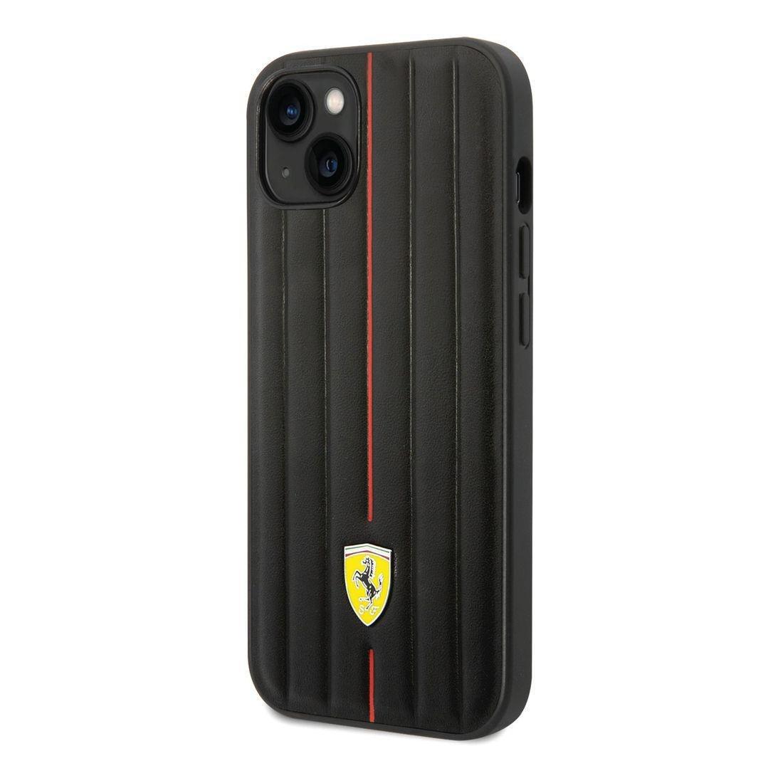 Ferrari Leather Case Embossed Stripes with Yellow Shield Logo iPhone 14 Plus - Black, , large image number 1