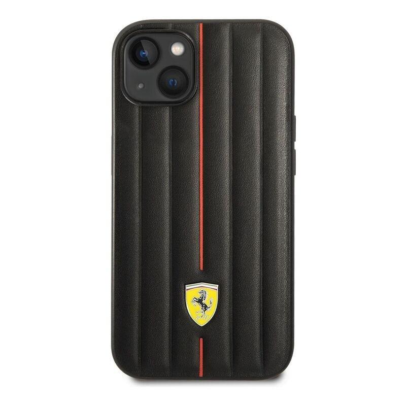 Ferrari Leather Case Embossed Stripes with Yellow Shield Logo iPhone 14 - Black, , large image number 0