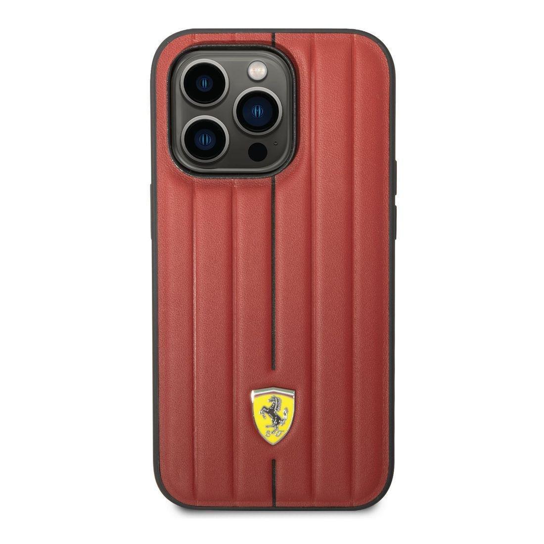 Ferrari Leather Case Embossed Stripes with Yellow Shield Logo iPhone 14 Pro - Red, , large image number 0
