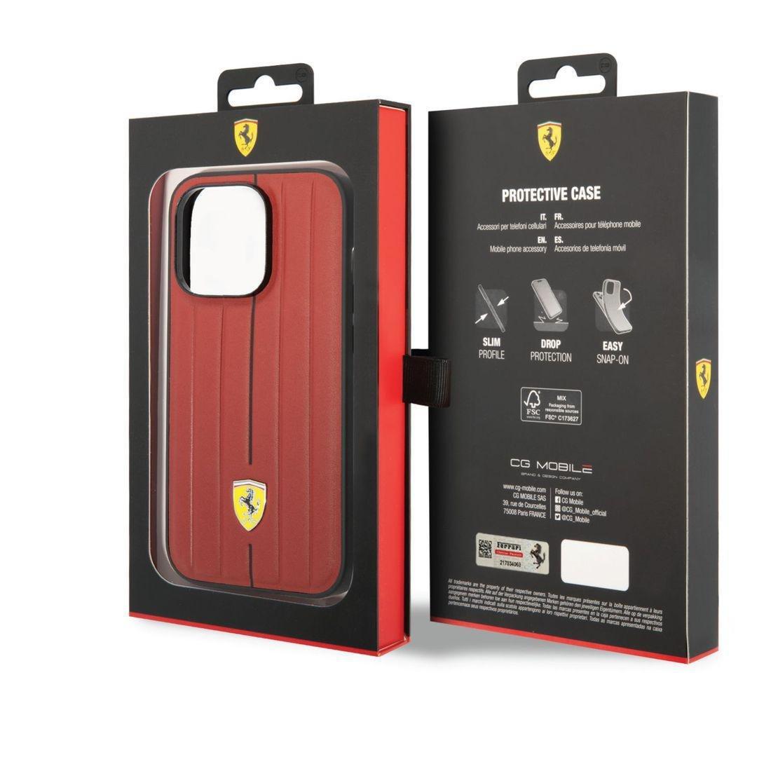 Ferrari Leather Case Embossed Stripes with Yellow Shield Logo iPhone 14 Pro - Red, , large image number 6