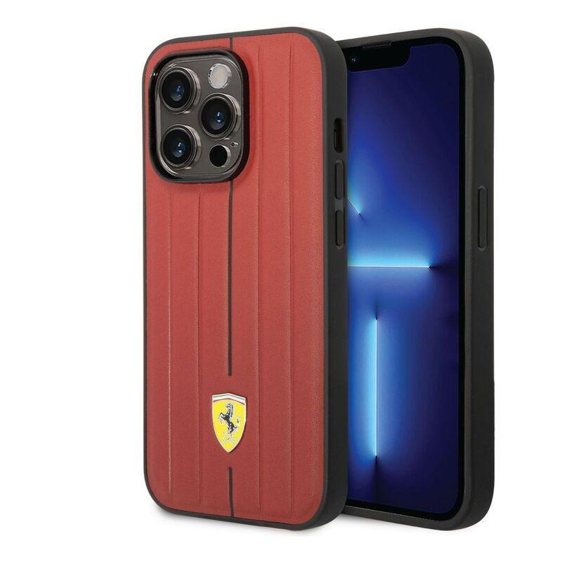 Ferrari Leather Case Embossed Stripes with Yellow Shield Logo iPhone 14 Pro - Red, , large image number 7