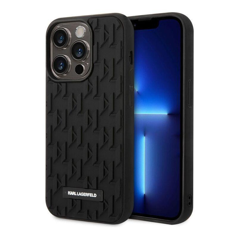 Karl Lagerfeld Case with 3D Rubber Monogram Pattern & Metal Plate Logo iPhone 14 Pro - Black, , large image number 0