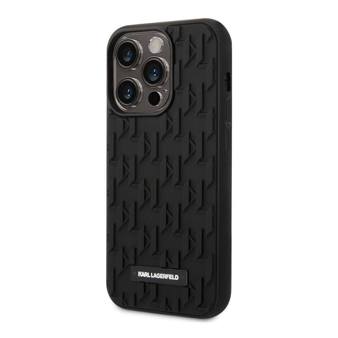 Karl Lagerfeld Case with 3D Rubber Monogram Pattern & Metal Plate Logo iPhone 14 Pro - Black, , large image number 2