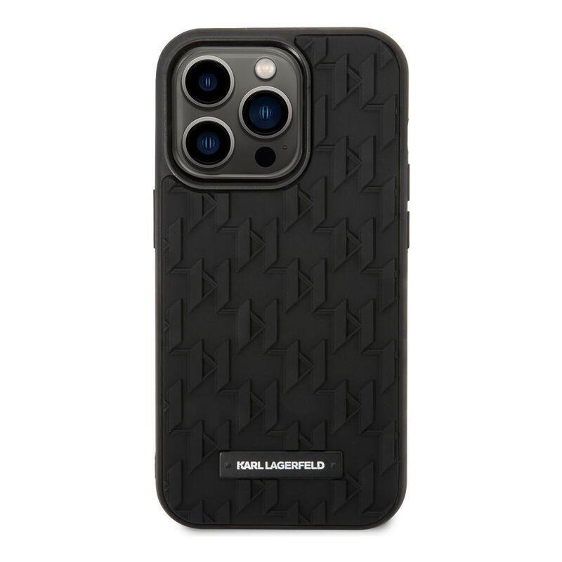 Karl Lagerfeld Case with 3D Rubber Monogram Pattern & Metal Plate Logo iPhone 14 Pro - Black, , large image number 3