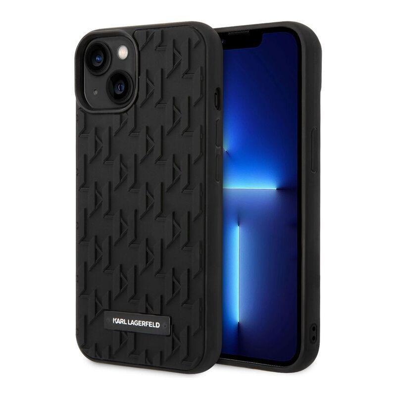 Karl Lagerfeld Case with 3D Rubber Monogram Pattern & Metal Plate Logo iPhone 14 Plus - Black, , large image number 0
