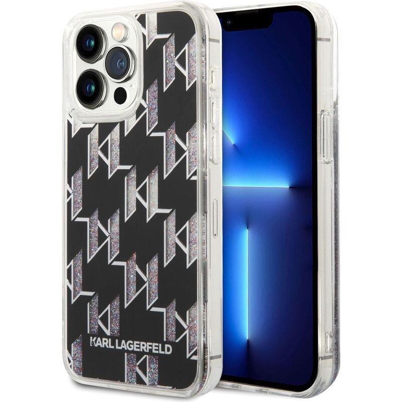 Karl Largerfeld Liquid Glitter Case Monogram Pattern & Multicolor Glitter for iPhone 14 Pro Max - Black, , large image number 0