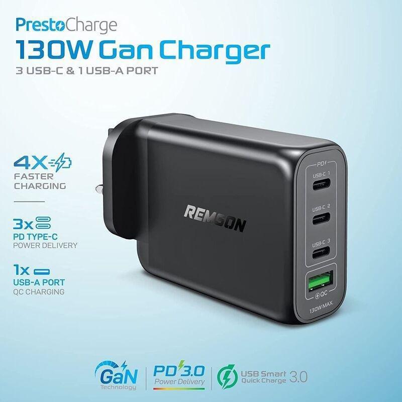 Remson 130W 4-Ports GaN Charger USB-C Power Adapter Wall Charger Fast Charging PD 3.0 USB-A Port -Black, , large image number 2
