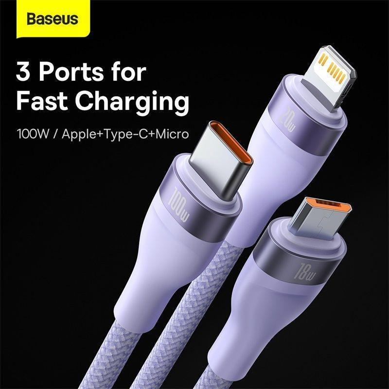Baseus Flash Series 2 3-in-1 USB Charging Cable USB-C/Micro USB/Lightning 100W 1.2m - Purple, , large image number 1