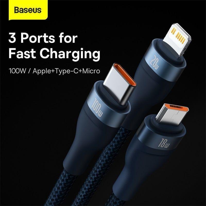 Baseus Flash Series 2 3-in-1 USB Charging Cable USB-C/Micro USB/Lightning 100W 1.2m - Blue, , large image number 1