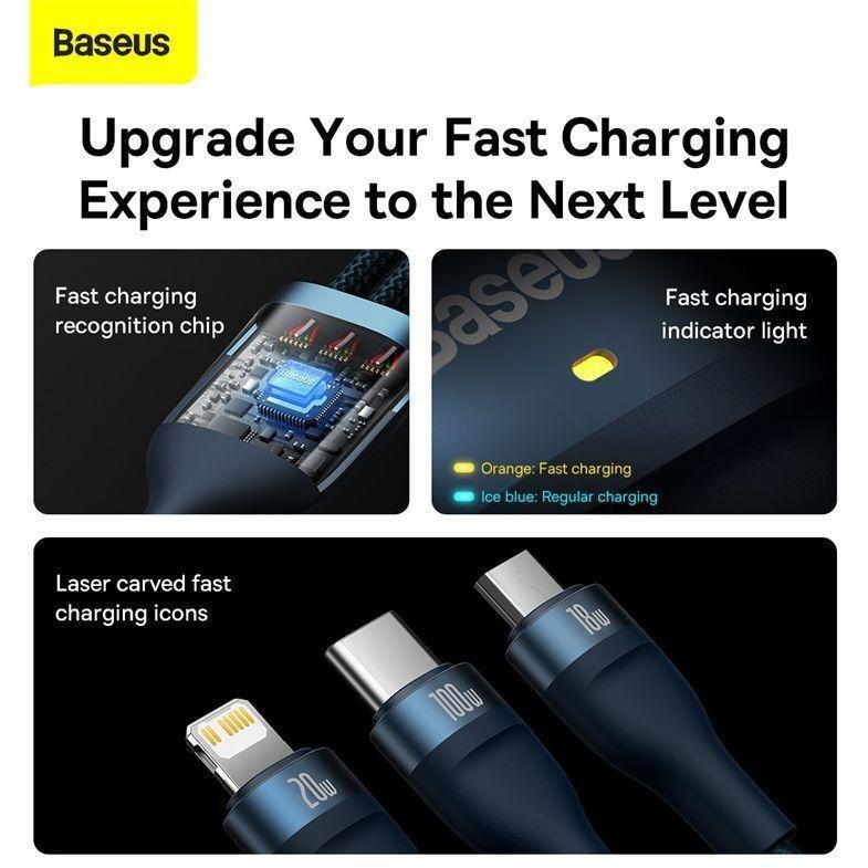 Baseus Flash Series 2 3-in-1 USB Charging Cable USB-C/Micro USB/Lightning 100W 1.2m - Blue, , large image number 3