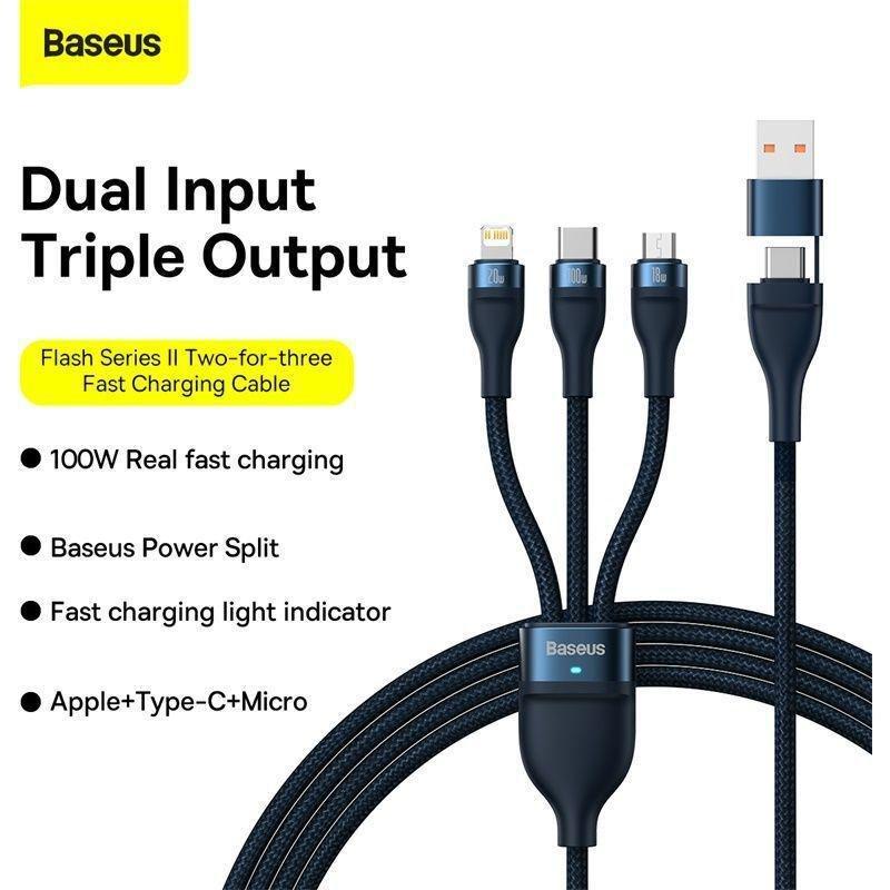 Baseus Flash Series 2 3-in-1 USB Charging Cable USB-C/Micro USB/Lightning 100W 1.2m - Blue, , large image number 5