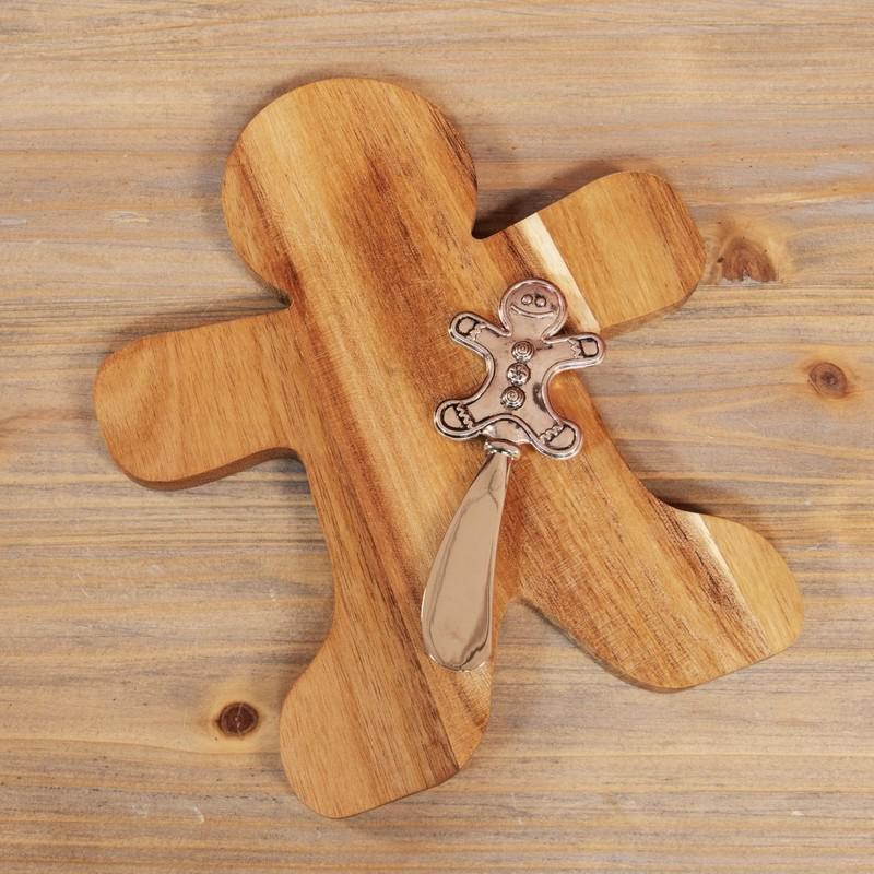 Santa Express Acacia Wooden Gingerbread Man Cheeseboard & Knife Red Bow, , large image number 0