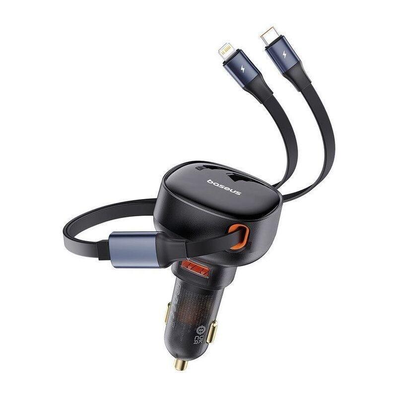 Baseus Enjoyment Pro Car Charger With USB-A Port + Retractable USB-C & Lightning Cable 60W Black, , medium