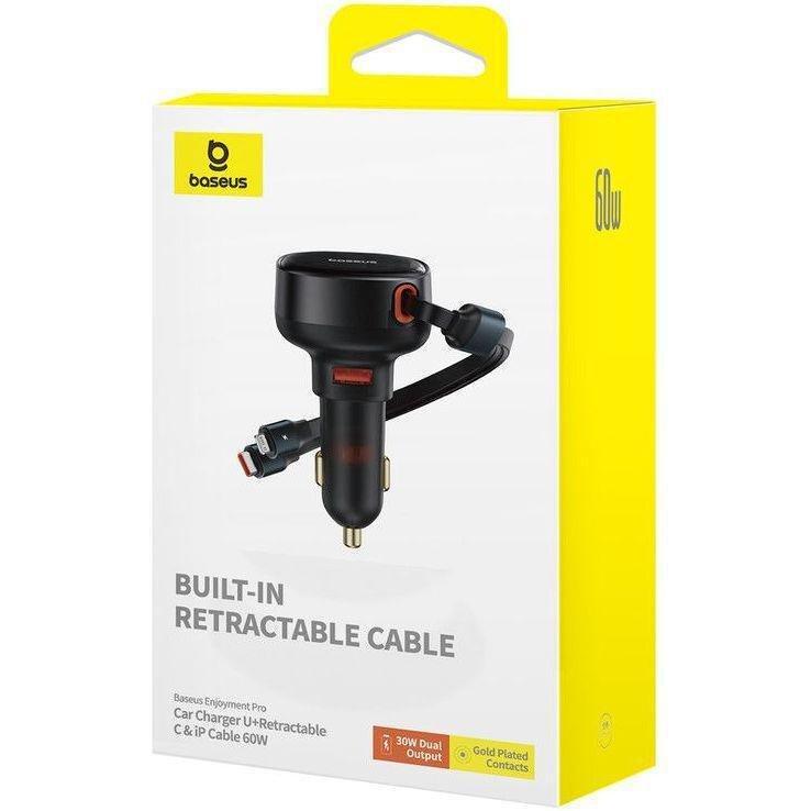 Baseus Enjoyment Pro Car Charger With USB-A Port + Retractable USB-C & Lightning Cable 60W Black, , large image number 2