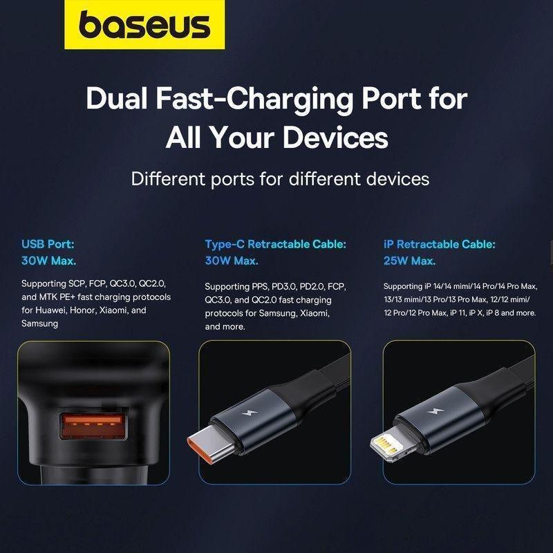 Baseus Enjoyment Pro Car Charger With USB-A Port + Retractable USB-C & Lightning Cable 60W Black, , large image number 4