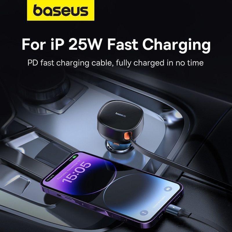 Baseus Enjoyment Pro Car Charger With USB-A Port + Retractable USB-C & Lightning Cable 60W Black, , large image number 5
