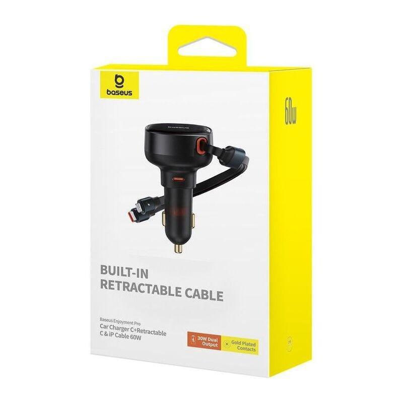 Baseus Enjoyment Pro Car Charger with USB-C Port +Retractable USB-C & Lightning Cable 60W - Black, , medium