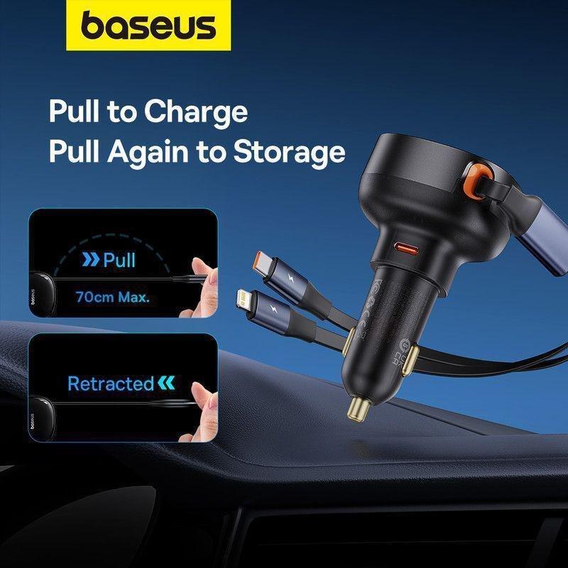 Baseus Enjoyment Pro Car Charger with USB-C Port +Retractable USB-C & Lightning Cable 60W - Black, , large image number 2