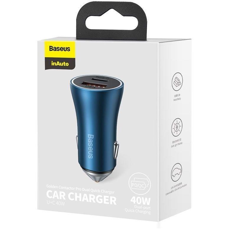 Baseus Golden Contactor Pro Dual Quick Charger Car Charger USB-A + USB-C 40W - Blue, , large image number 2