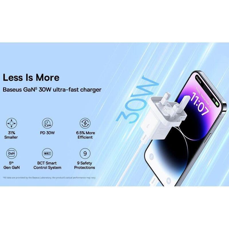 Baseus GaN5 Fast Charger(mini) 1 USB-C 30W UK - Moon White, , large image number 6