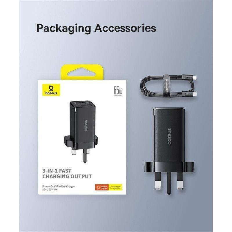 Baseus GaN5 Pro Fast Charger 2 USB-C + 1 USB-A 65W UK - Black, , large image number 3