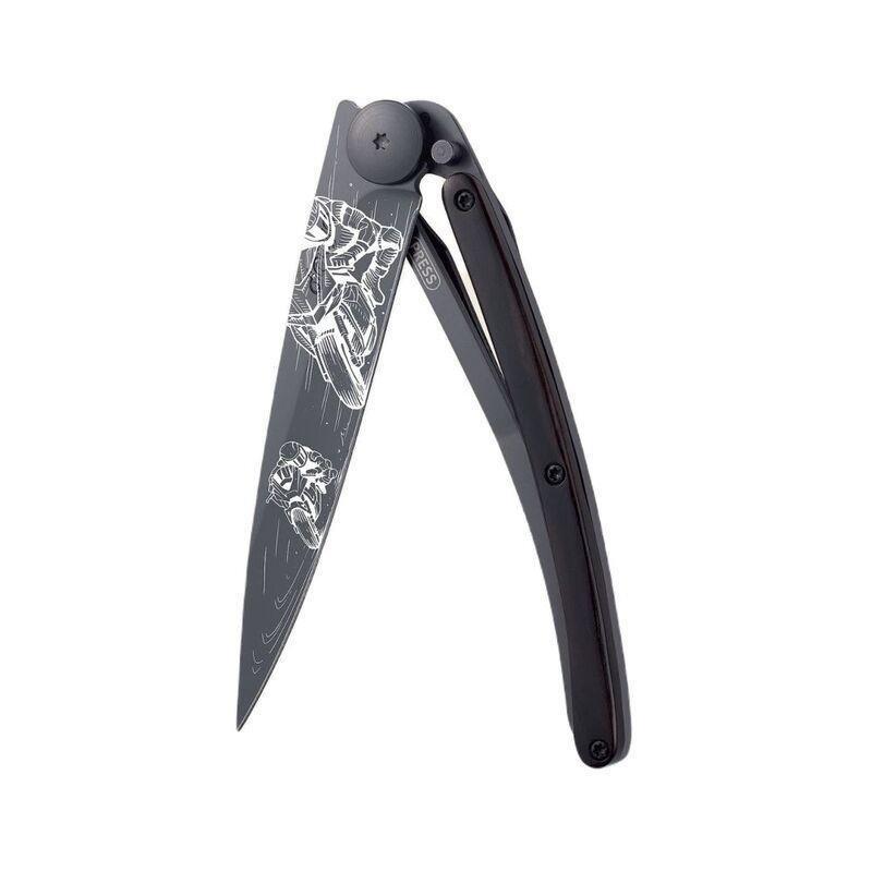 Deejo 37G Pocket Knife - Ebony Wood/Moto Racing (Grey), , medium