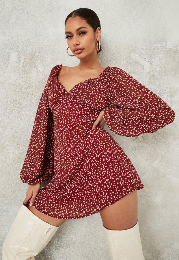 Burgundy Floral Print Milkmaid Sleeve Mini Dress, Women, , large image number 0