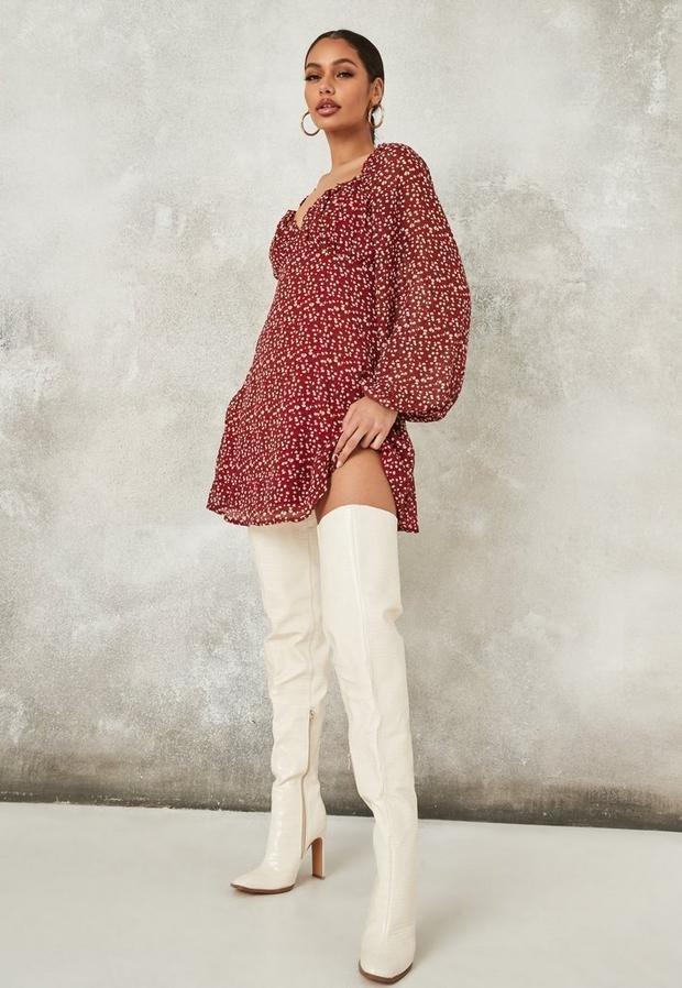Burgundy Floral Print Milkmaid Sleeve Mini Dress, Women, , large image number 1