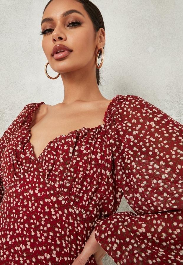 Burgundy Floral Print Milkmaid Sleeve Mini Dress, Women, , large image number 2