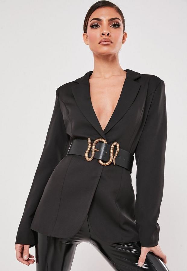 Black Faux Leather Snake Detail Buckle Belt, Women, , large image number 0