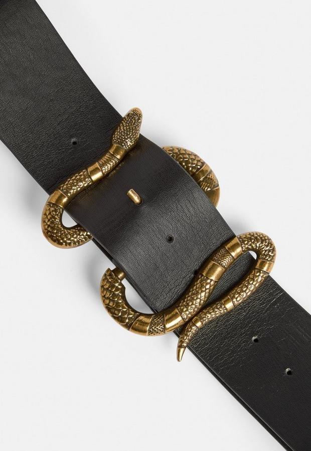 Black Faux Leather Snake Detail Buckle Belt, Women, , large image number 1