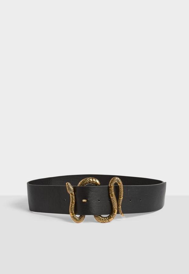 Black Faux Leather Snake Detail Buckle Belt, Women, , large image number 2